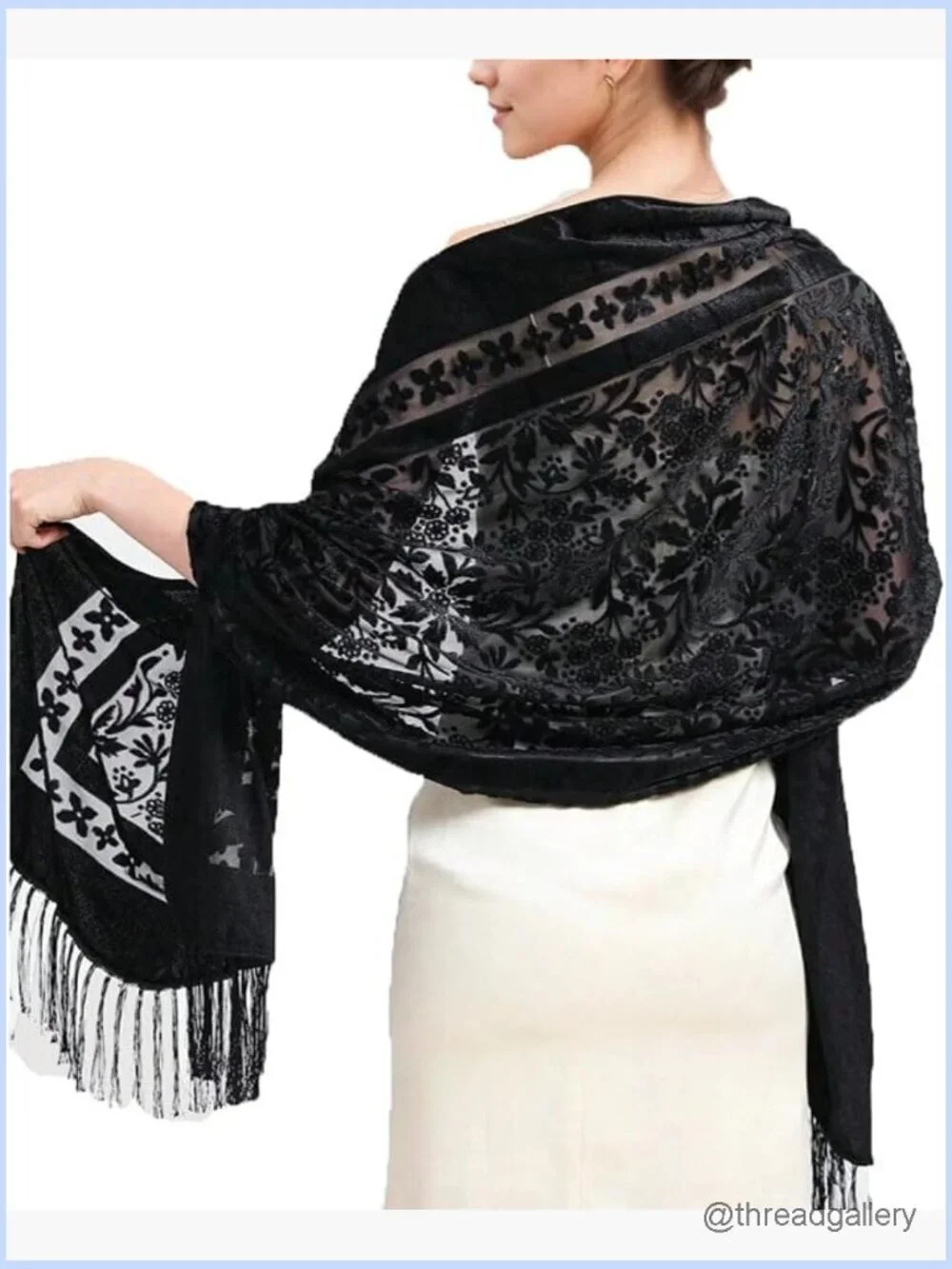 Women's Velvet Vintage Floral Shawl Wrap Lace Scarf with Tassels